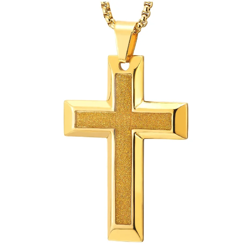 Men Women Gold Color Cross Pendant Necklace Steel Sand Glitter, 30 In Wheat Chain Polished and Satin