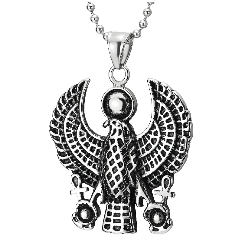 Wing-shaped necklace-Men Women Stainless Steel Vintage Grid Checker Egyptian Horus Bird Pendant Necklace with Ankh Cross