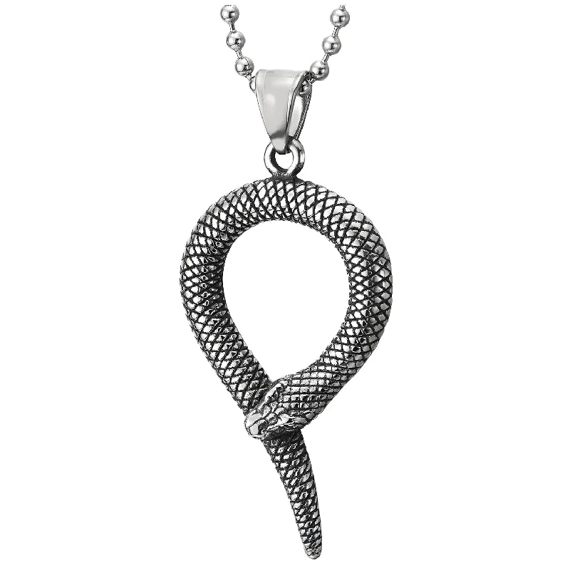 Men Women Steel Vintage Coiled Cobra Snake Pendant Necklace with Grid Checker Pattern, 30 in Chain