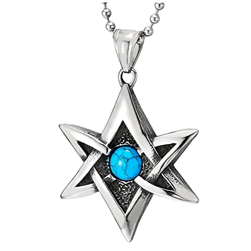 Puzzle design necklace-Men Women Steel Vintage Star of David Pendant Necklace with Gem Stone Turquoise 30 inches Ball Chain