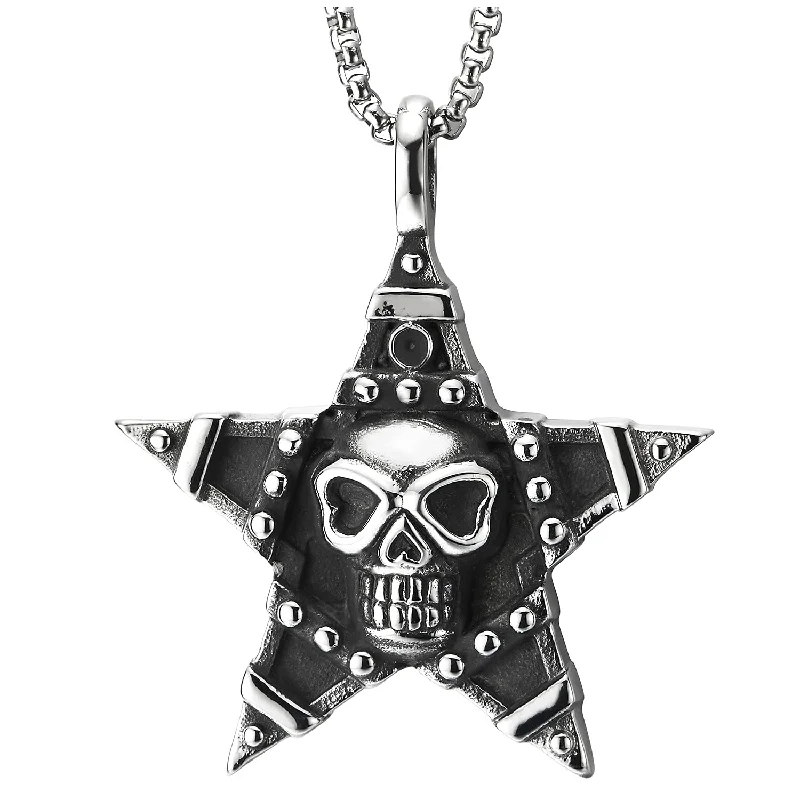 Engraved initial necklace-Men Women Vintage Steel Pentagram Star Pendant Necklace with Embossed Skull and Rivets, 30 in Chain