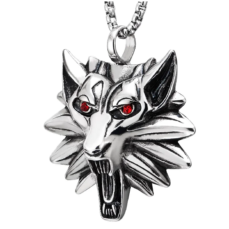 Men Women Vintage Steel Roaring Fox Head Pendant Necklace Red Cubic Zirconia Eyes, 30 in Wheat Chain