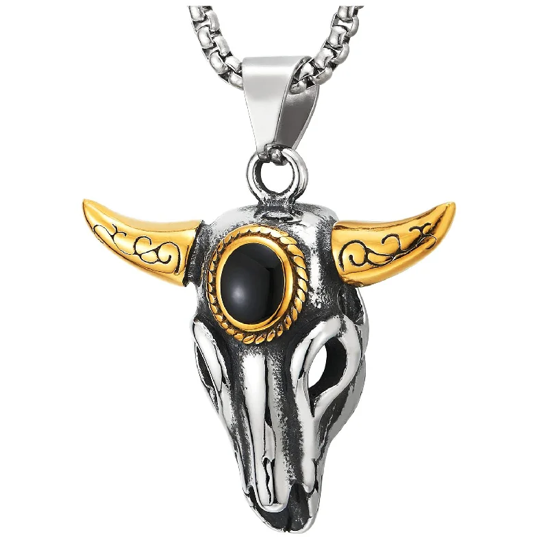 Smooth opal necklace-Mens Silver Gold Steel Bull Head Skull Pendant Necklace with Black Enamel 23.6 inches Wheat Chain