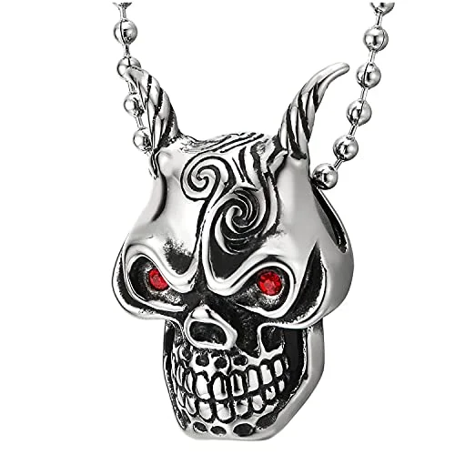 Sculptural gold necklace-Mens Steel Horn Devil Skull Pendant Necklace with Red CZ Eyes and Tribal Tattoo Pattern Gothic Biker