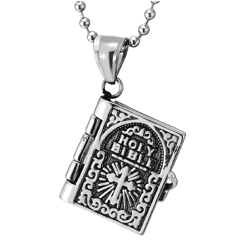 Mens Steel Vintage Openable Holy Bible Book Pendant Necklace Cross Burst Sun Rays Tattoo Graphic