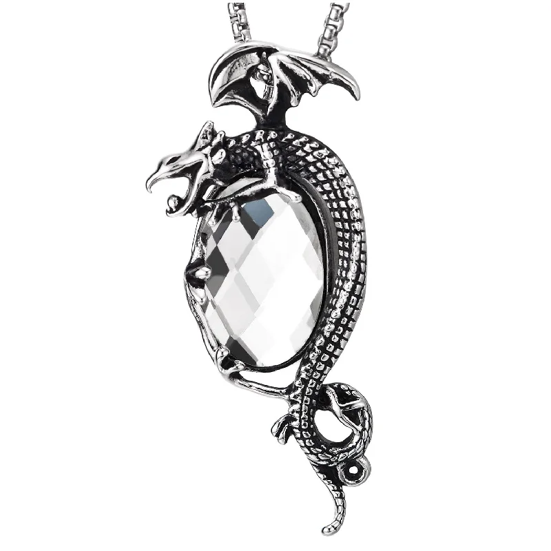 Mens Steel Vintage Wing Dragon Pendant Necklace with Oval Faceted White Crystal, 30 in Wheat Chain