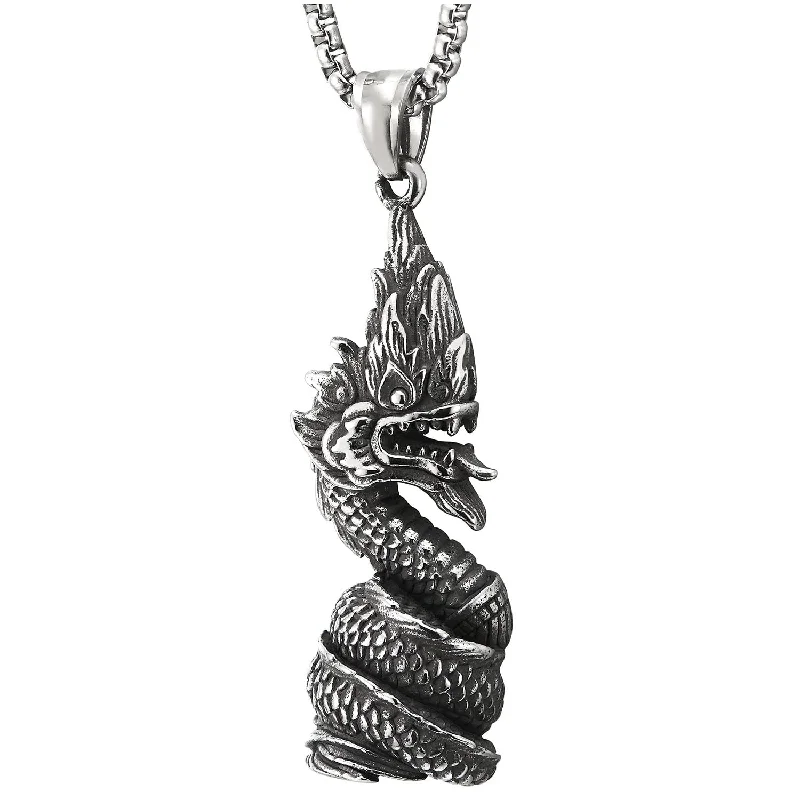 Domed gem necklace-Mens Vintage Stainless Steel Curl up Dragon Pendant Necklace with 23.6 inches Wheat Chain