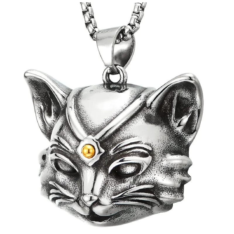 Mens Women Animal Lover Steel Three-dimensional Cat Pendant Necklace with Gold Color Bead