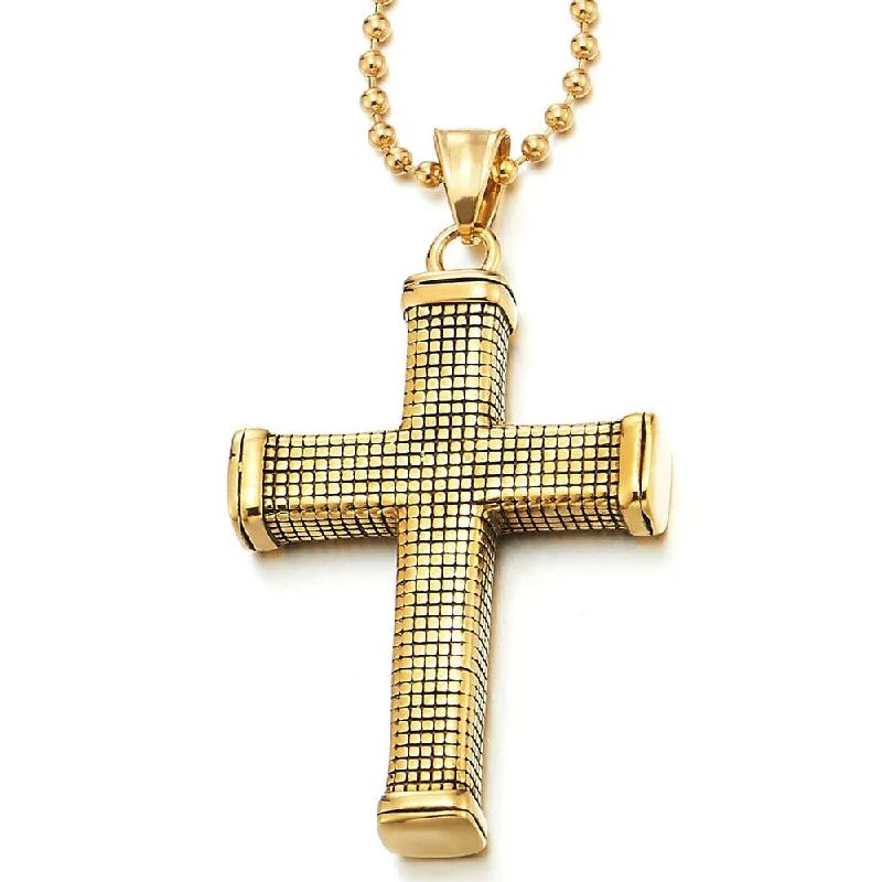 Mens Women Gold Color Checker Pattern Cross Pendant Necklace Stainless Steel with 30 inch Ball Chain