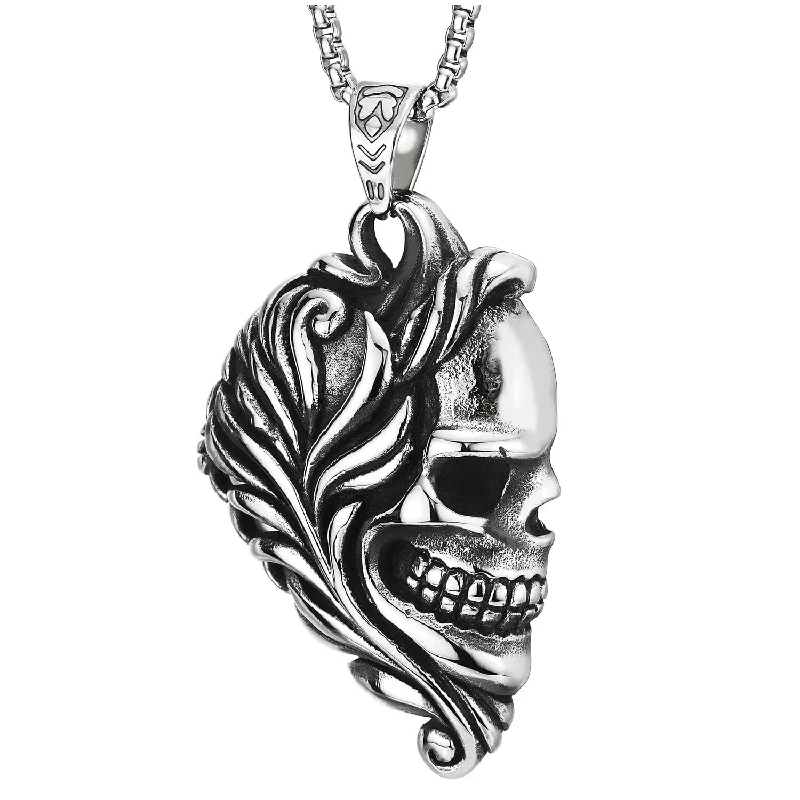 Mens Women Gothic Steel Curly Hair Skull in Profile Pendant Necklace with 30 inches Wheat Chain