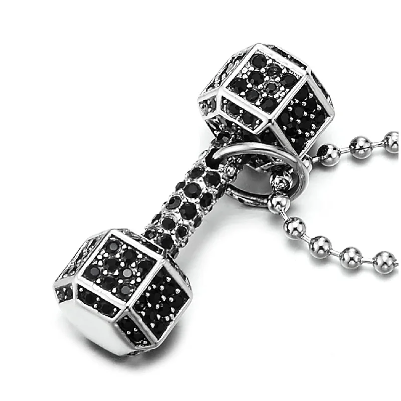 Mens Women Stainless Steel Barbell Dumbbell Pendant Necklace with Black Cubic Zirconia