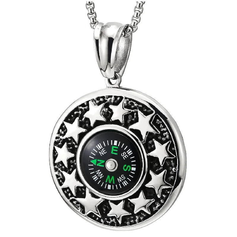 Mens Women Stainless Steel Large Circle Star Pendant Necklace with Compass and 30 inches Wheat Chain