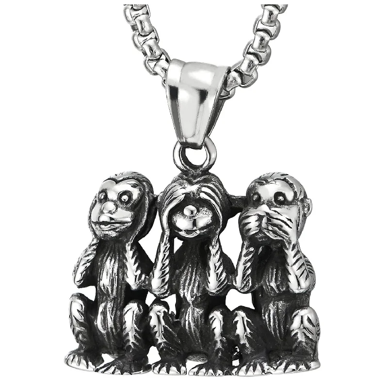 Swirled design necklace-Mens Women Stainless Steel Three Monkeys Apes Meme Pendant Necklace with 23.6 inches Wheat Chain