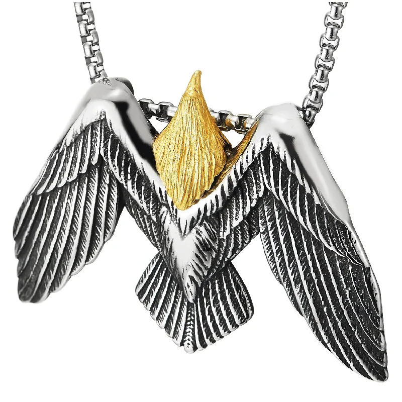 Mens Women Stainless Steel Vintage Peace Dove Pendant Necklace, Silver Gold, 30 in Wheat Chain