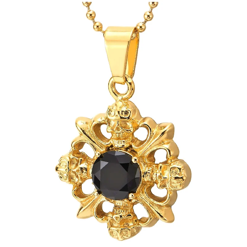 Sapphire drop necklace-Mens Women Steel Gold Color Skull Fleur De Lis Pendant Necklace Black Crystal Bead, 30 in Ball Chain