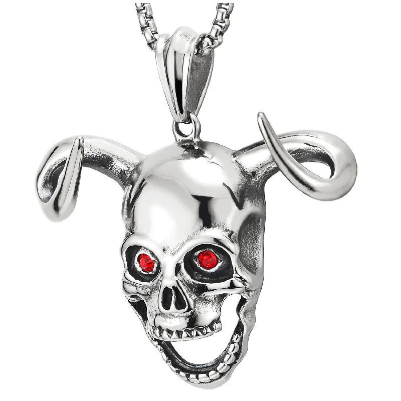 Mens Women Steel Vintage Goat Head Swirl Horn Devil Skull Pendant Necklace, 30 Inches Wheat Chain