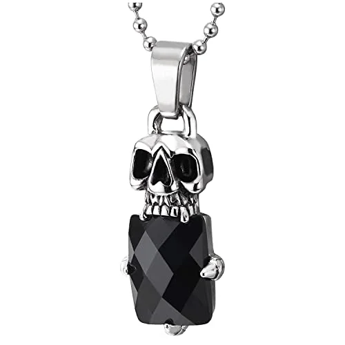 Narrow-set necklace-Mens Women Steel Vintage Skull Black Crystal Bead Pendant Necklace 23.6 inches Ball Chain