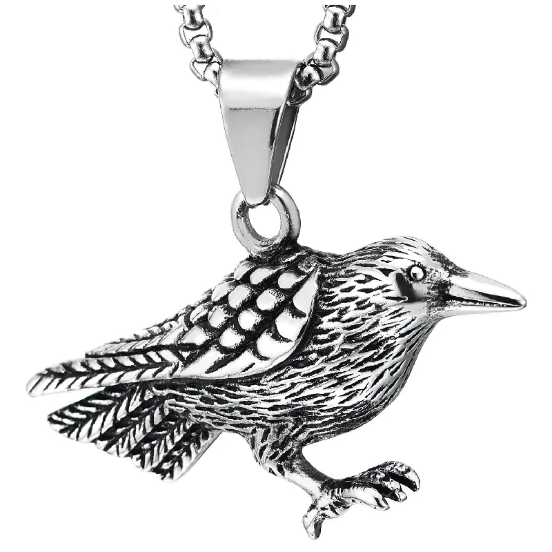 Mens Women Vintage Bird Pendant Necklace Stainless Steel, 23.6 in Wheat Chain, Animal Love