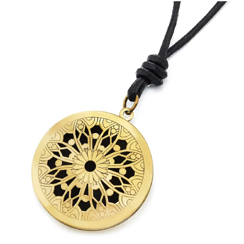 Narrow-set necklace-Mens Womens Aged brass Hollow Locket Pendant Necklace with Flower Pattern, Adjustable Leather Cord