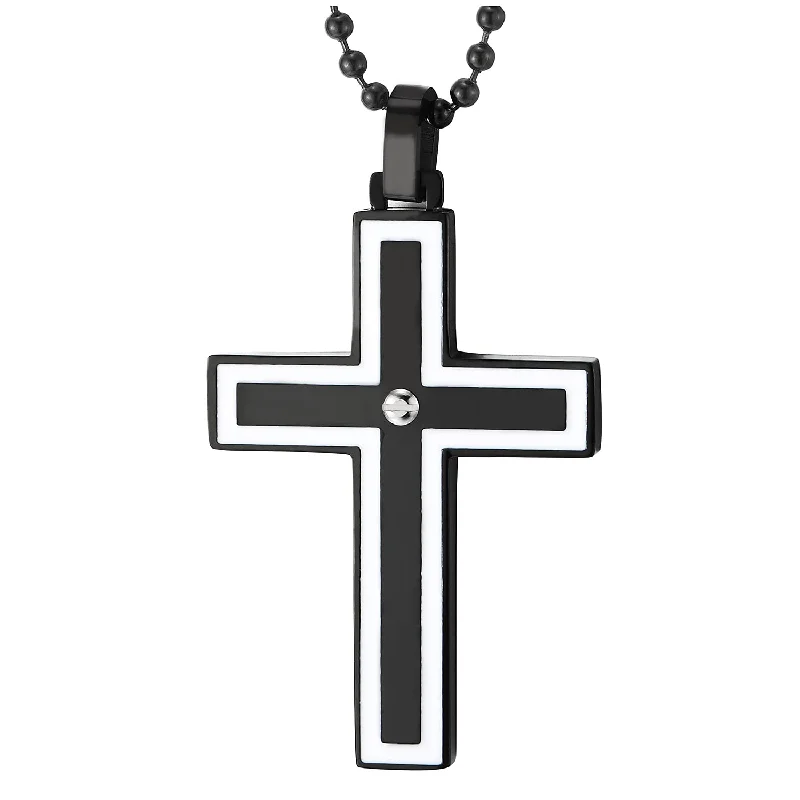 Sleek platinum necklace-Mens Womens Black Steel Cross Pendant Necklace with Screw and White Enamel, 30 inches Ball Chain,