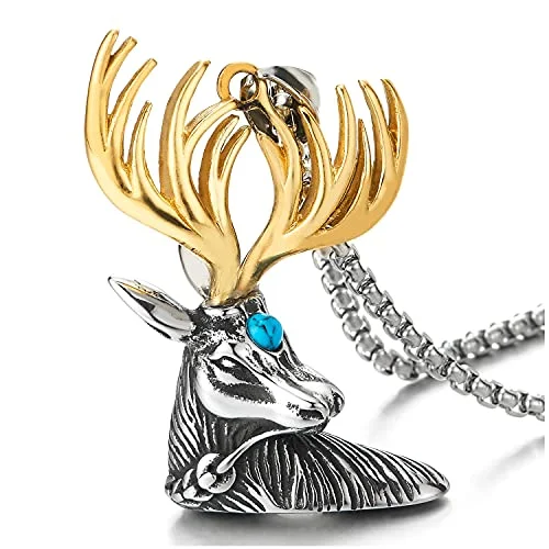 Sapphire drop necklace-Mens Womens Steel Silver Gold Deer Reindeer Head Horn Pendant Necklace with Resin Turquoise