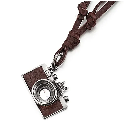 Wraparound necklace-Mens Womens Vintage Retro Style Camera Pendant Necklace Adjustable Brown Leather Cord