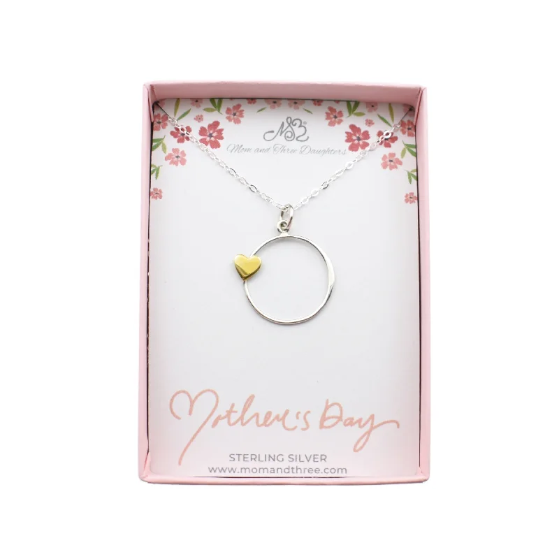 Mother's Day Necklace for Mother. Circle with Bronze Heart charm pendant in sterling silver on a cable chain.