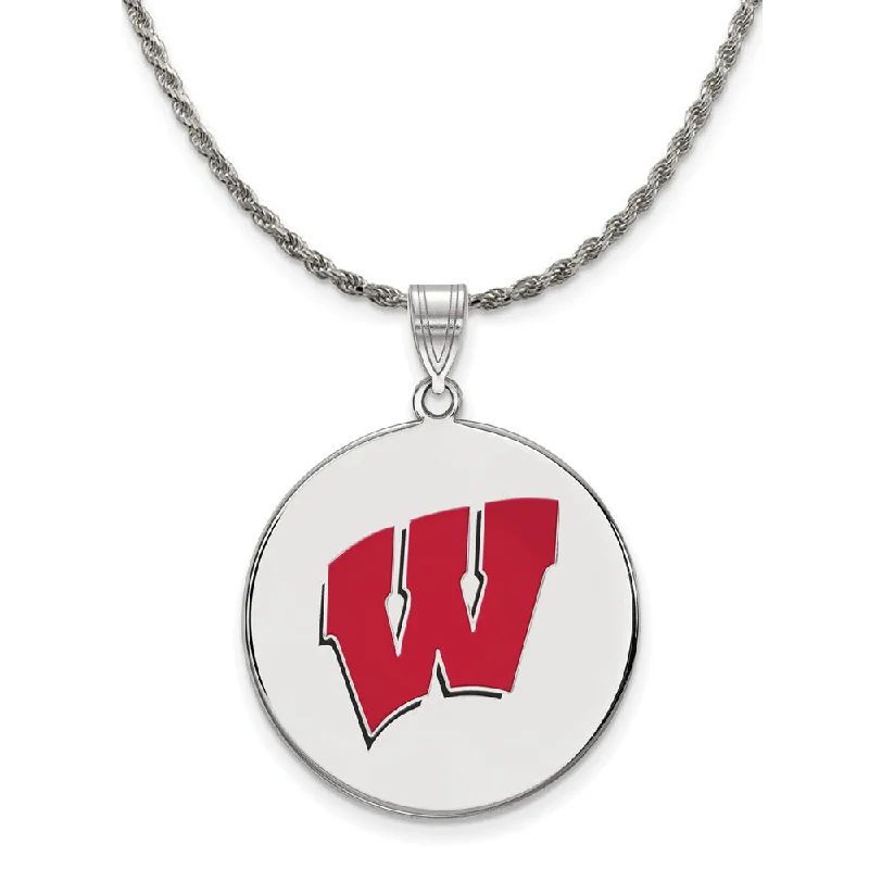 Narrow-set necklace-Sterling Silver U. of Wisconsin XL Enamel 'W' Disc Necklace