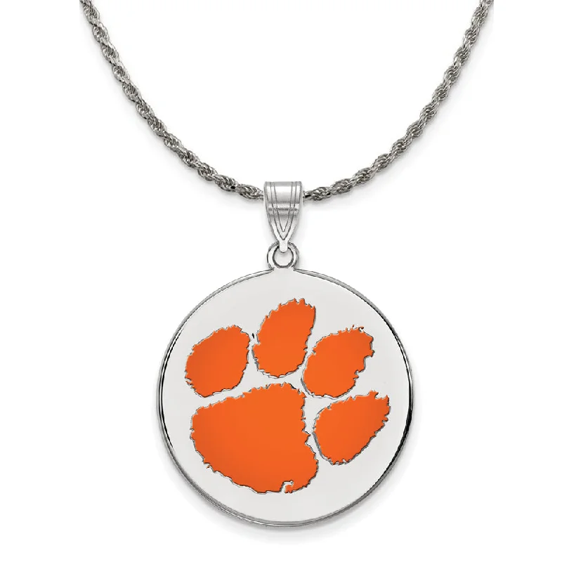 Sterling Silver Clemson U XL Enamel Disc Pendant Necklace