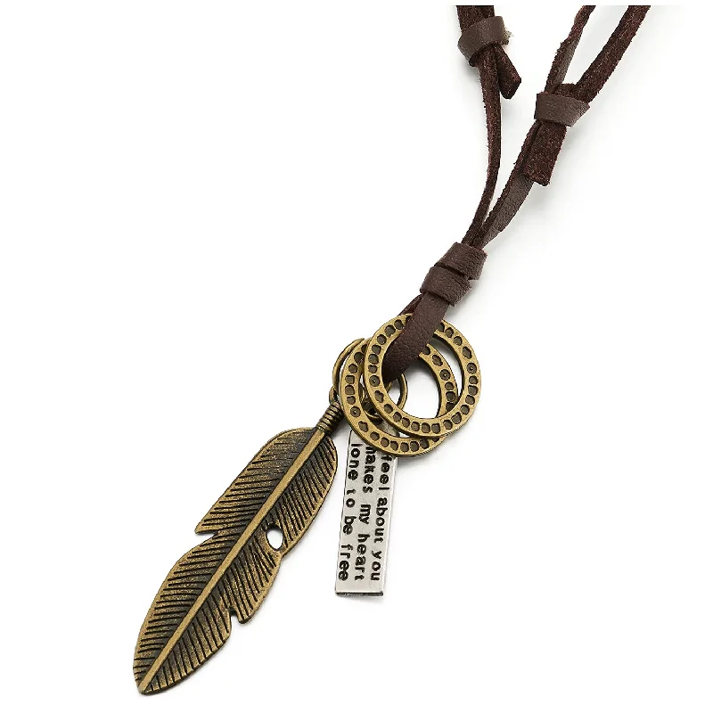 Raised gem necklace-Retro Style Aged Brass Feather Pendant with Adjustable Brown Leather Cord Necklace Unisex Men Women