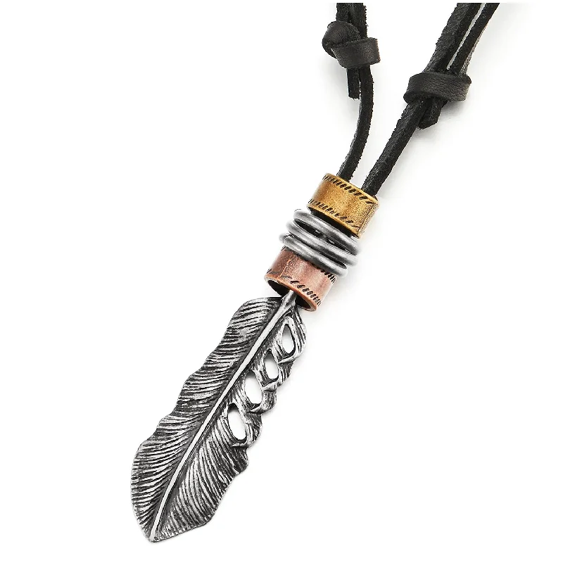 Striped chain necklace-Retro Style Mens Womens Old Metal Finished Feather Pendant Necklace Adjustable Black Leather Cord