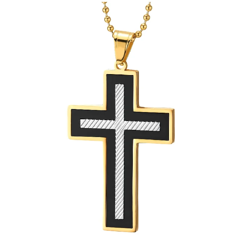 Stainless Steel Gold Black Silver Striped Cross Pendant Necklace for Men Women, Unique Inlay Design