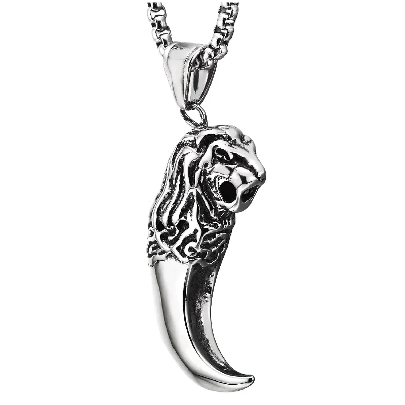 Stainless Steel Mens Vintage Horn Tusk Tooth Lion Head Pendant Necklace with 23.6 inches Wheat Chain