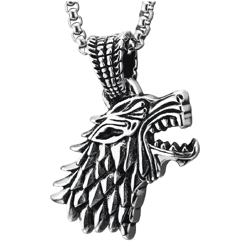 Stainless Steel Mens Vintage Roaring Wolf Head Pendant Necklace, 23.6 inches Steel Wheat Chain