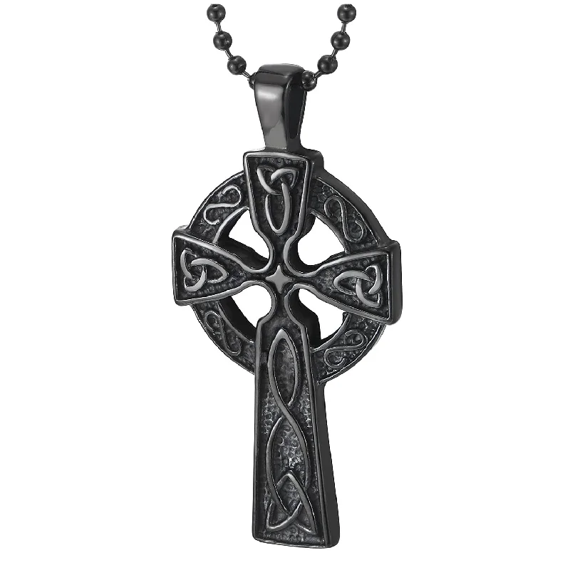 Stainless Steel Mens Womens Black Celtic Cross Pendant Necklace with 23.6 in Ball Chain