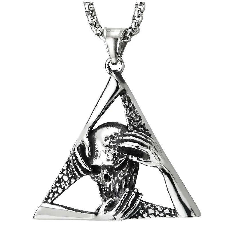 Modern peridot necklace-Stainless Steel Vintage Skull Hands Triangle Pendant Necklace for Men Women, 30 Inch Wheat Chain