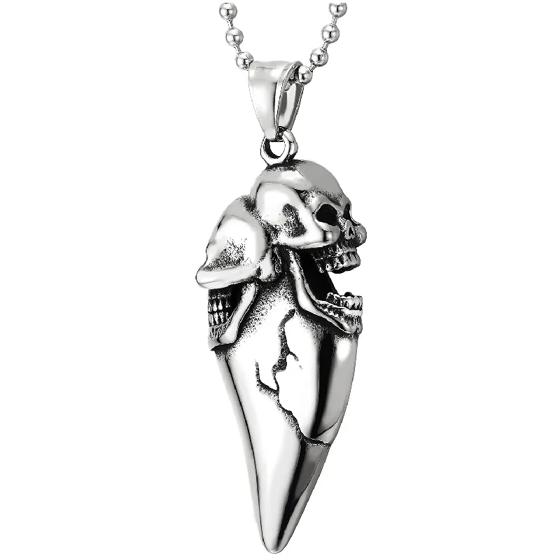 Steel Men Women Gothic Vintage Tooth Tusk Horn Two Skulls Pendant Necklace with 30 Inches Ball Chain