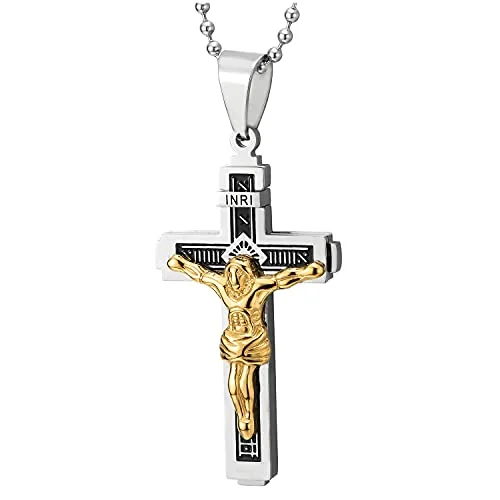 Steel Mens Women Silver Gold INRI Jesus Christ Crucifix Cross Pendant Necklace Black Enamel Stripes