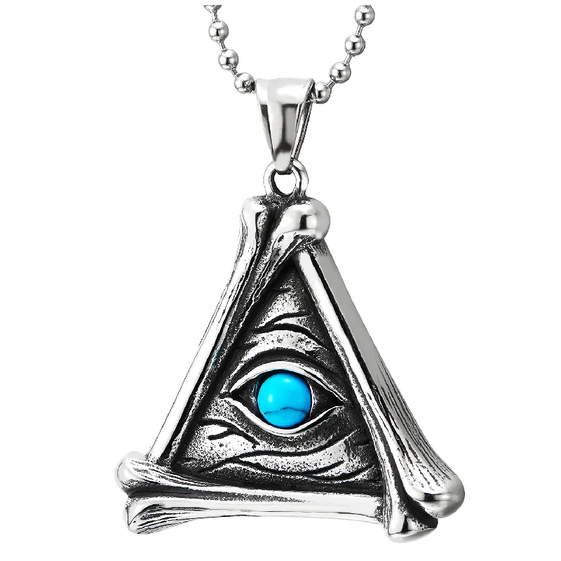 Tapered chain necklace-Steel Vintage Evil Eye Protection Hands Skeleton Bone Triangle Pendant Necklace with Resin Turquoise