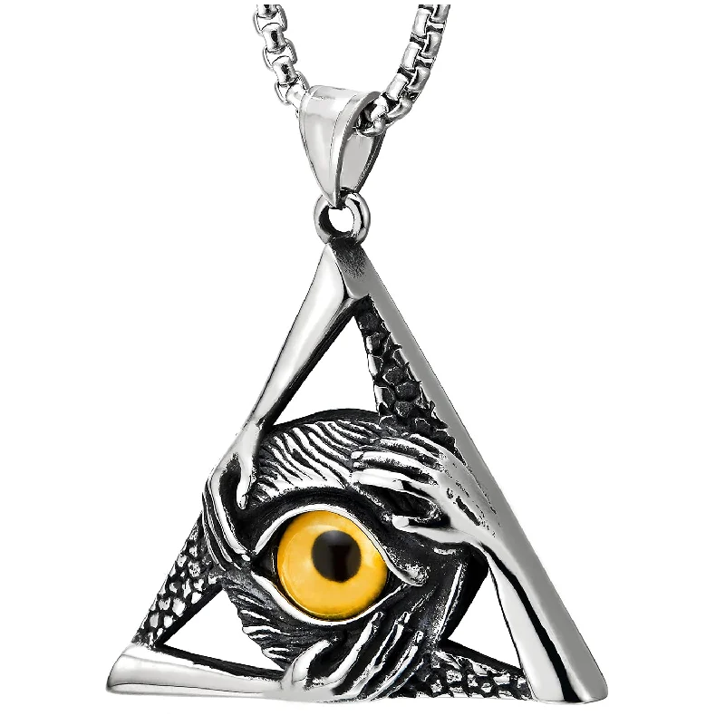 Steel Vintage Yellow Evil Eye Protection Hands Triangle Pendant Necklace for Men Women 30 Wheat Chain