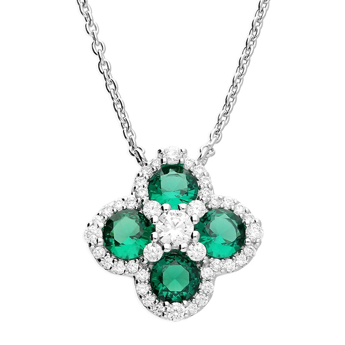 Wide-set necklace-Sterling Silver Cubic Zirconia Green White Clover Necklace