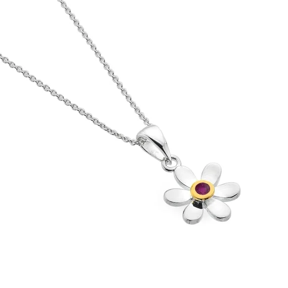 Rough-cut necklace-Sea Gems Sterling Silver Ruby Daisy Pendant Necklace