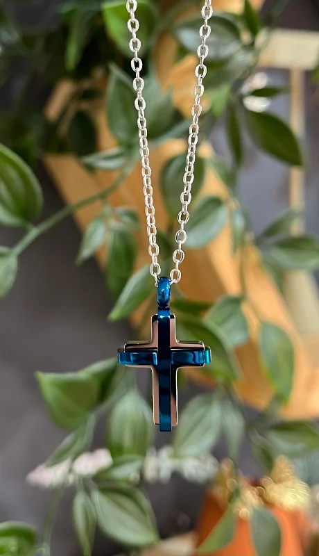 Spiral charm necklace-Unique & Co Stainless Steel Cross Blue IP Pendant Necklace