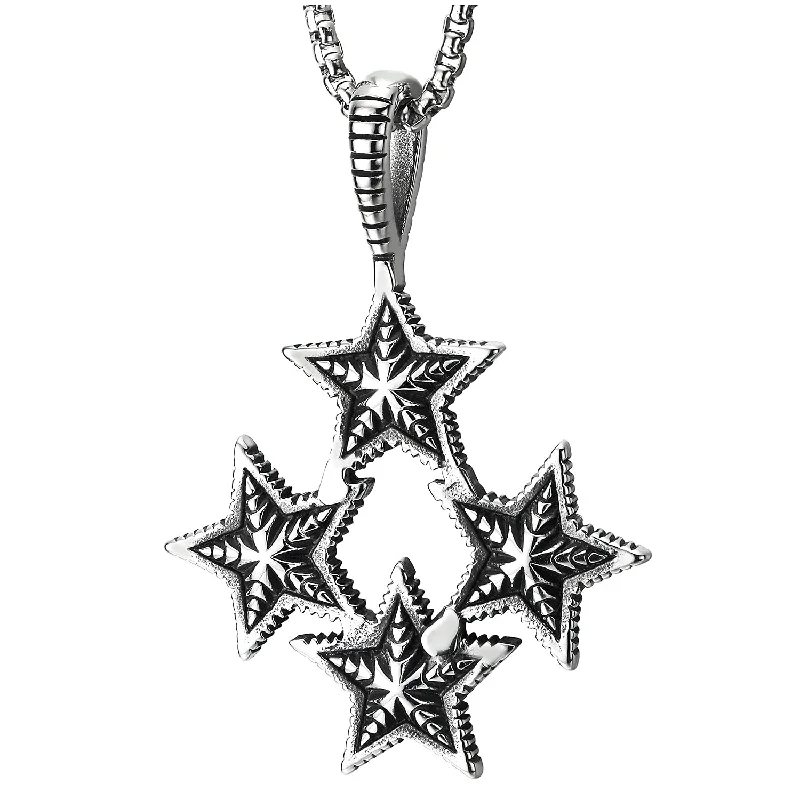 Vintage Four Grooved Pentagram Star Pendant Necklace for Men Women, Steel, 30 inches Wheat Chain