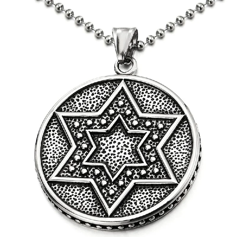 Vintage Stainless Steel Circle Star-of-David Pendant Necklace for Men Women, 30 in Steel Ball Chain