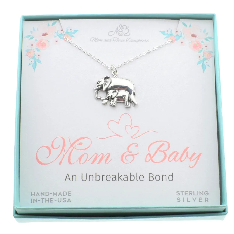 Mom and Baby Elephant Necklace in Sterling Silver