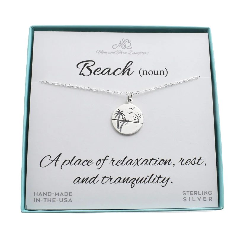 Bold emerald necklace-Palm Tree Beach Scene Necklace in Sterling Silver