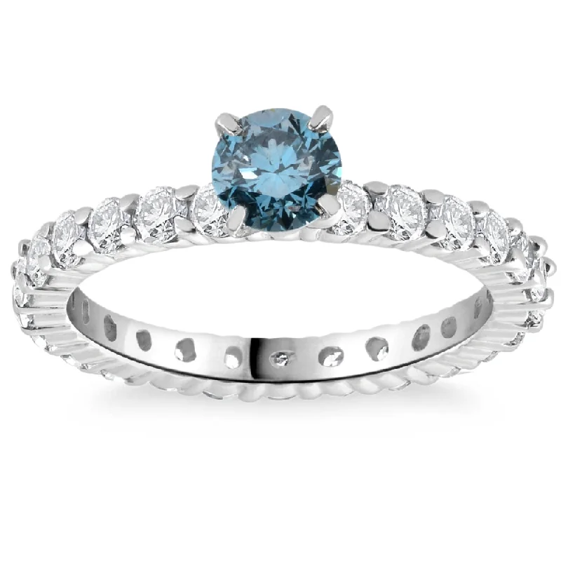 Frosted finish ring-1 1/3Ct Blue & White Diamond Eternity Engagement Ring 14k White Gold