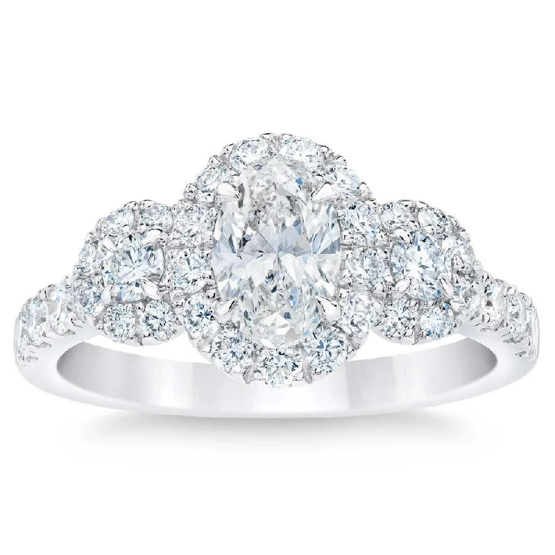 Wing-shaped ring-1 1/3Ct Oval Halo 3-Stone Diamond Engagement Ring in 10k White Gold Lab Grown