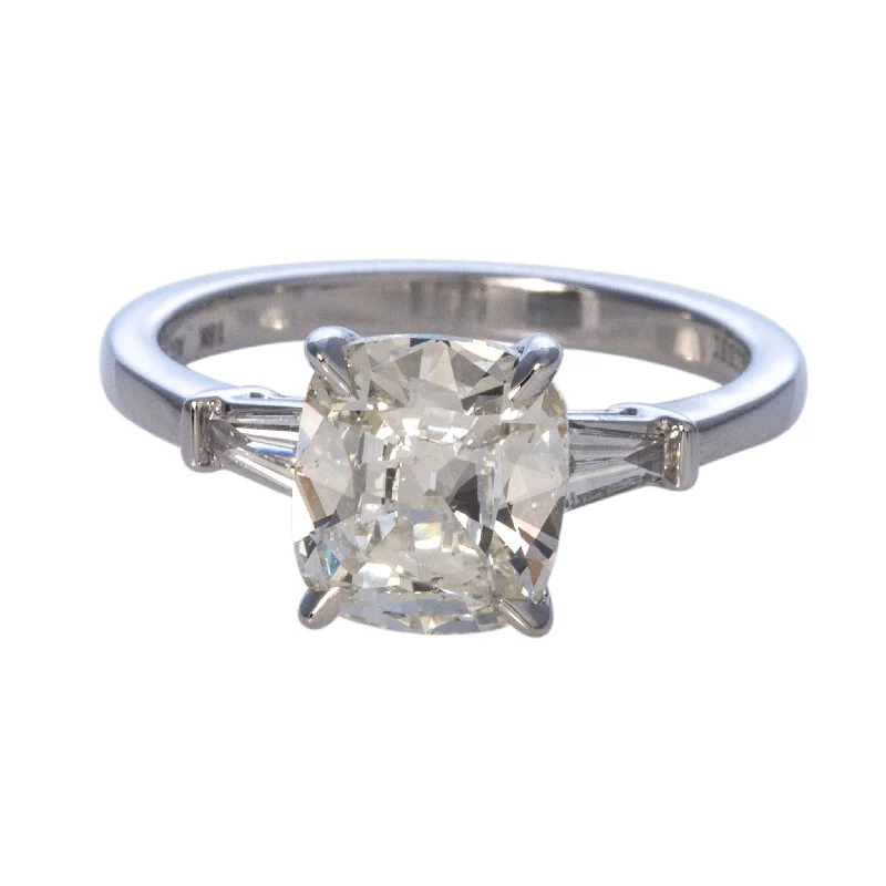 Angular stone ring-1.5ct Cushion Center & .17ct Baguette Side Diamond 18K Gold Ring